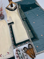 Designer Cream 3-Piece Salwar Kameez Set - Contrast Green Floral Work Kurta & Palazzo