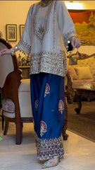 Designer Cream & Blue 3-Piece Salwar Kameez - Heavy Zari Embroidery Ethnic Wear