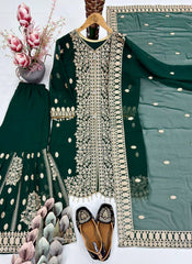 Designer Dark Green Sharara Suit - Heavily Embroidered Kurta & Flared Bottoms