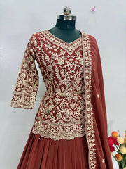 Designer Bridal Maroon Lehnga Set - Heavily Embroidered Choli & Flared Georgette Skirt