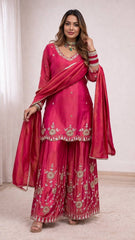 Designer Rani Pink Embroidered Sharara Suit Set