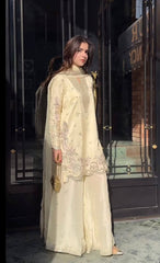 Designer Cream Silk Sharara Suit with Heavy Silver Zari Embroidery & Scalloped Borders