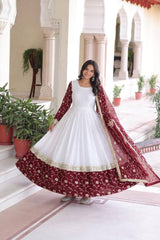 Designer White Georgette Long Gown with Heavy Maroon Embroidered Border and Sleeves