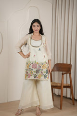 Premium Floral Embroidered Kurta with Wide-Leg Palazzo Set
