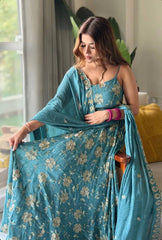 Elegant Teal Blue Party Wear Suit with Spaghetti Straps & Intricate Embroidery