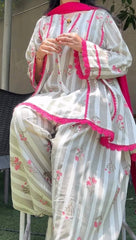 Elegant Grey and White Floral Printed Kurta Salwar Set with Tassels