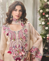 Elegant Cream Georgette Embroidered Kurta Set with Dupatta