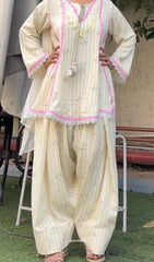 Cream and Yellow Floral Printed Kurta Salwar Set with Lace Borders