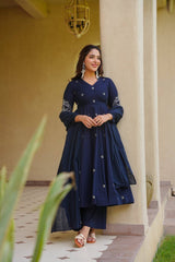Elegant Royal Navy Blue Anarkali Suit Set with Subtle Embroidery