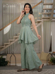 Modern Indo-Western Sage Green Shimmer Sharara Set with Flared Palazzo