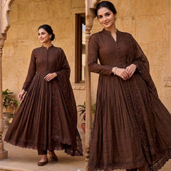 Dark Brown Mandarian Neck Pleated Anarkali Suit Set