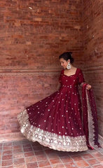 Royal Wine Georgette Anarkali Suit with Heavy Zari Embroidery & Sequin Work