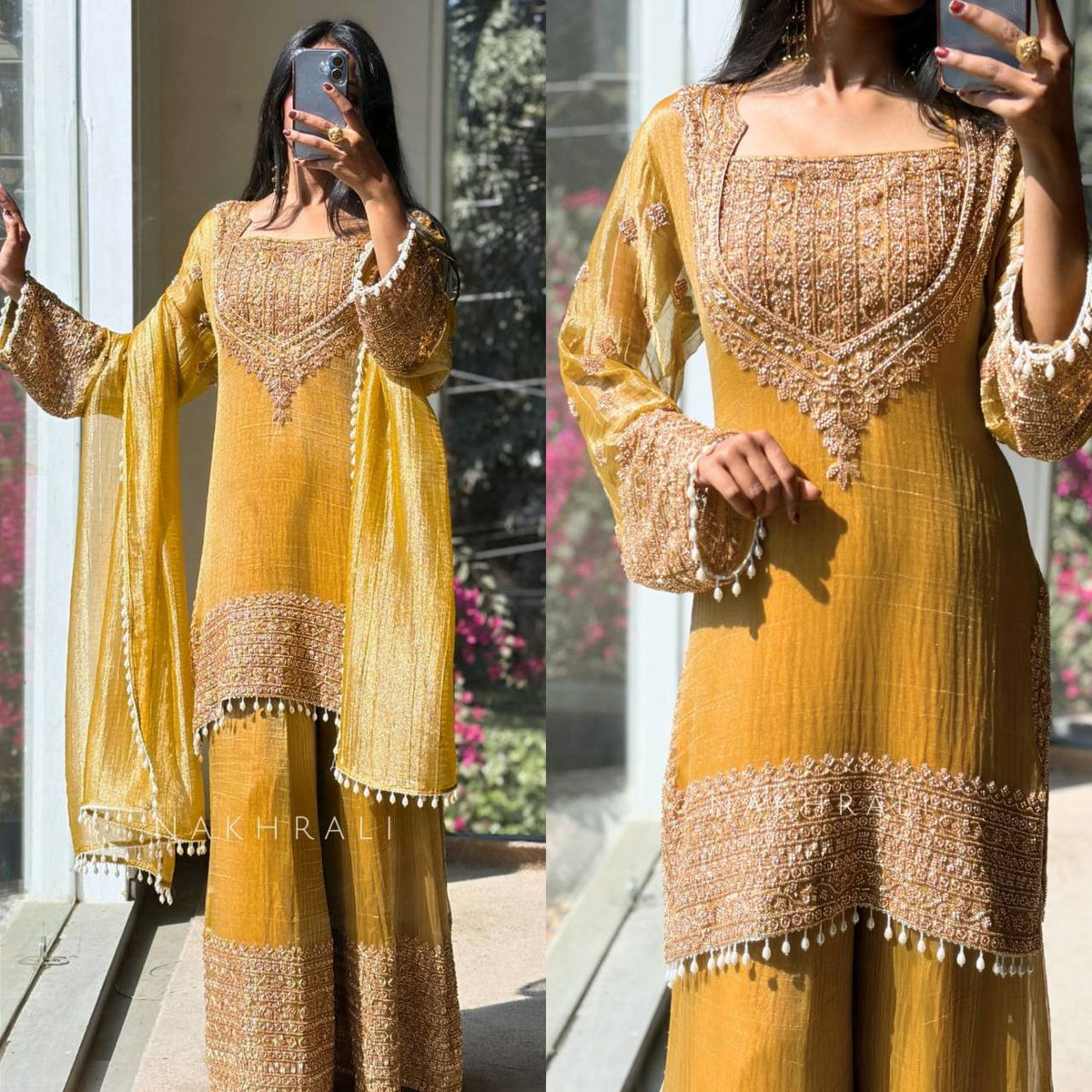 Premium Mustard Yellow Embroidered Georgette Sharara Set with Heavy Work Kurti & Latkan Details