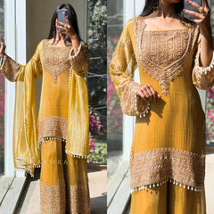 Premium Mustard Yellow Embroidered Georgette Sharara Set with Heavy Work Kurti & Latkan Details