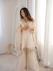 Designer Off-White Georgette Sharara Suit – Mirror Embroidered Neckline with Cowrie Shell Latkans