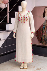 Elegant White Long Kurta with Pink Pom-Pom Detailing & Golden Gota Patti Lace Work