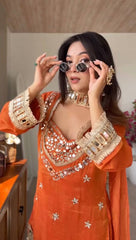 Designer Orange Silk Mirror Work Kurta with Palazzo Set