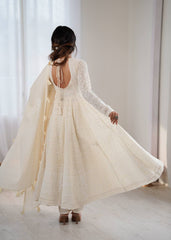 Off-White Lakhnavi Chikankari Anarkali Suit with Tasseled Dupatta