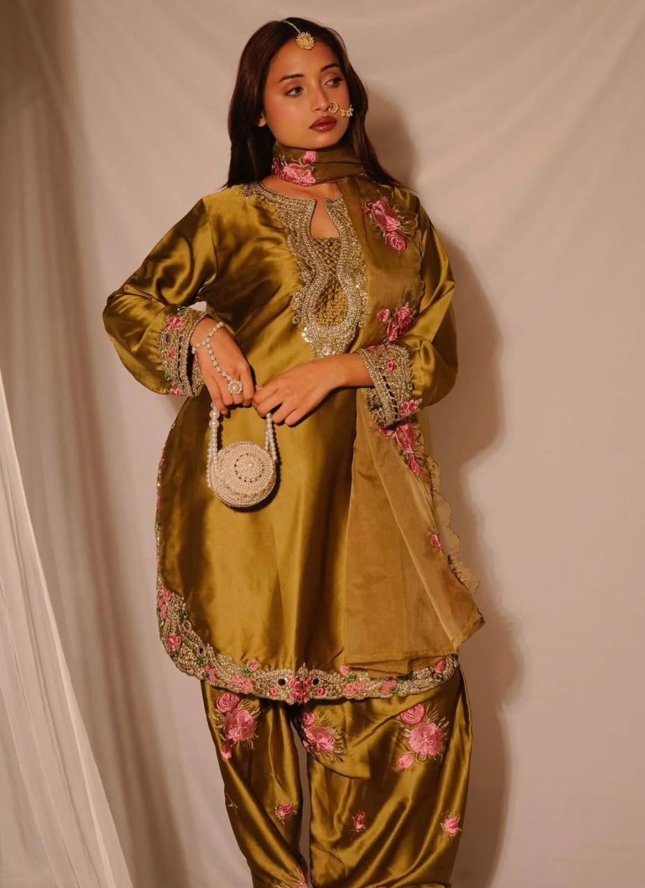 Designer Olive Green Sharara Set – Heavy Zari Neck Work & Floral Patchwork Ethnic Wear