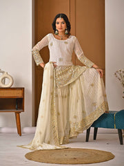 Designer Party Wear Sharara Suit - Off-White Georgette with Gold Sequin & Zari Work