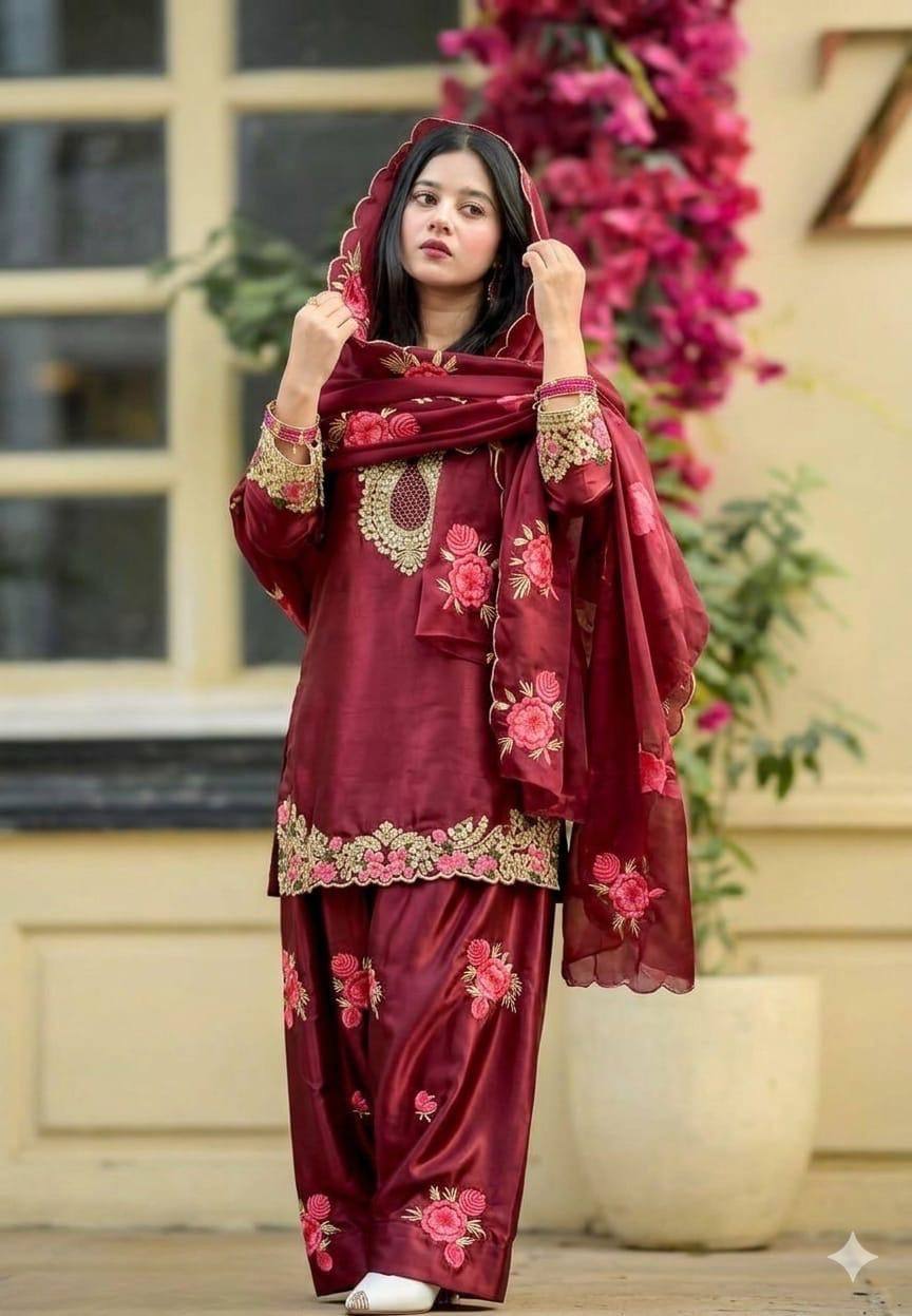 Premium Maroon Silk Kurta Sharara with Floral Embroidery