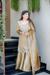 Designer Golden Olive Party Wear Suit - Embroidered Tissue Silk Kurta & Flared Sharara