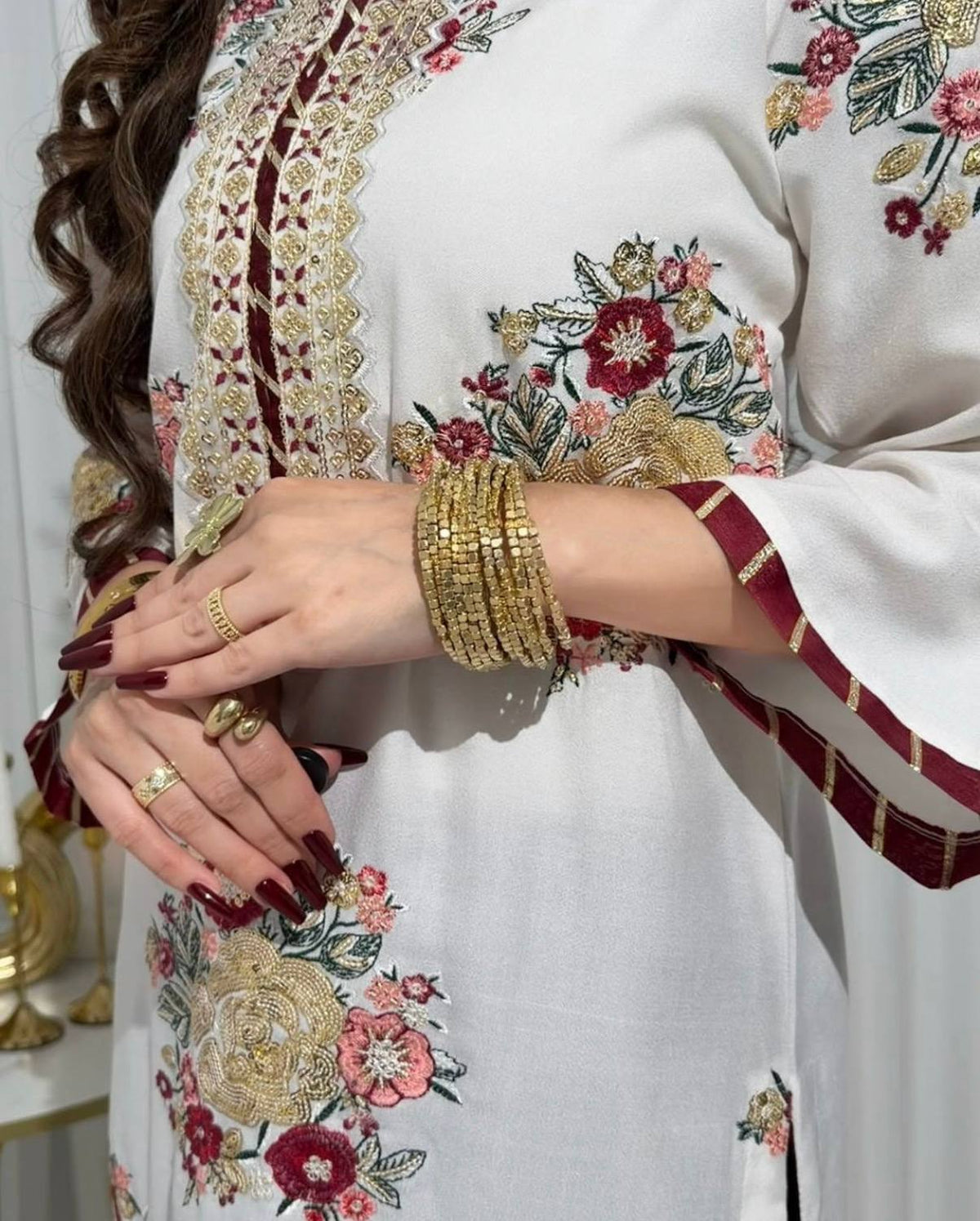 Elegant White Embroidered Kurta with Contrast Maroon Floral Palazzo Set