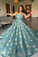Elegant Teal Blue Party Wear Suit with Spaghetti Straps & Intricate Embroidery
