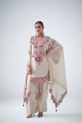Designer Off-White Silk Kurti with Straight Pants and Embroidered Dupatta