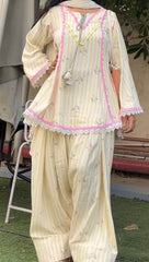 Cream and Yellow Floral Printed Kurta Salwar Set with Lace Borders