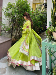 Lime Green Organza Anarkali Gown Suit Set with Dupatta