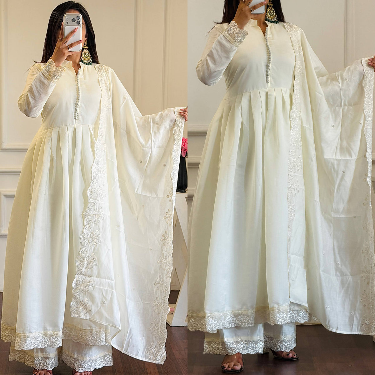 Ivory White Pleated Anarkali Suit with Lace Embroidery (Set of 3)