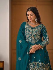 Designer Teal Blue Kurta-Sharara Set with Heavily Ornamented Border & Exquisite Handwork
