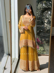 Premium Mustard Yellow Embroidered Georgette Sharara Set with Heavy Work Kurti & Latkan Details