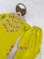 Elegant Lime Yellow mirror and pom-pom embroidered ethnic set, perfect for festive wear
