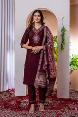 Elegant Wine Silk Blend Embroidered Kurta Set with Digital Printed Organza Dupatta