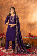 Festive Wear Royal Purple Kurta & Pant Set with Rich Zari Work Dupatta