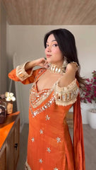 Designer Orange Silk Mirror Work Kurta with Palazzo Set