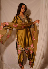 Designer Olive Green Sharara Set – Heavy Zari Neck Work & Floral Patchwork Ethnic Wear