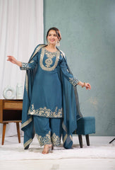 Premium Prussian Blue Silk Embroidery Kurta Set with Dupatta & Pant