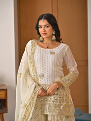 Designer Party Wear Sharara Suit - Off-White Georgette with Gold Sequin & Zari Work