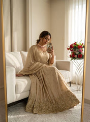 Elegant Cream Embroidered Anarkali Long Kurta Set for Weddings