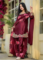Premium Maroon Silk Kurta Sharara with Floral Embroidery