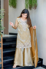 Designer Golden Olive Party Wear Suit - Embroidered Tissue Silk Kurta & Flared Sharara