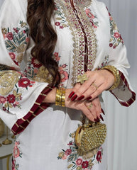 Elegant White Embroidered Kurta with Contrast Maroon Floral Palazzo Set