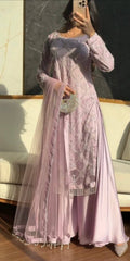 Dreamy Lavender Hand-Embroidered Festive Set - Shimmering Pearl Work & Net Dupatta