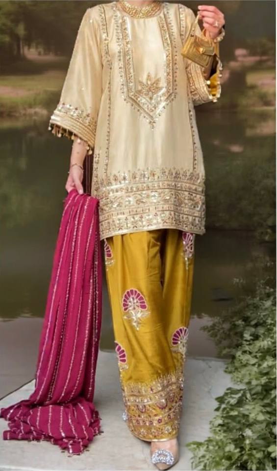 Royal Mustard & Cream Silk Salwar Suit with Heavy Gota Patti Embroidery