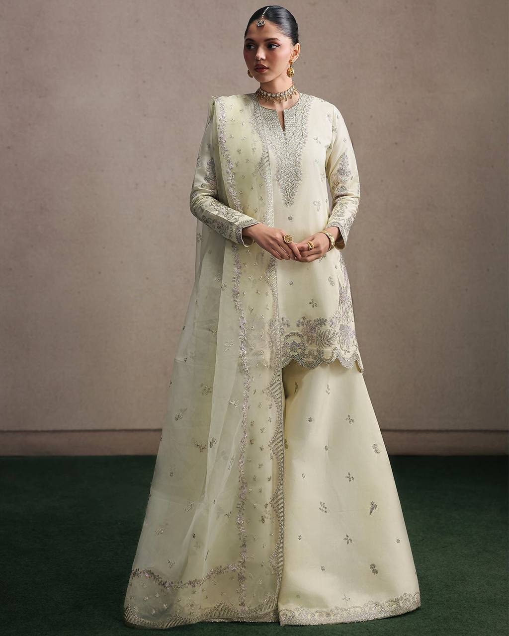 Designer Cream Silk Sharara Suit with Heavy Silver Zari Embroidery & Scalloped Borders