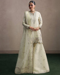 Designer Cream Silk Sharara Suit with Heavy Silver Zari Embroidery & Scalloped Borders