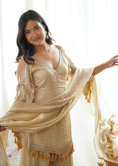 Champagne Gold Short Kurti with Flared Sharara & Tassel Dupatta Set